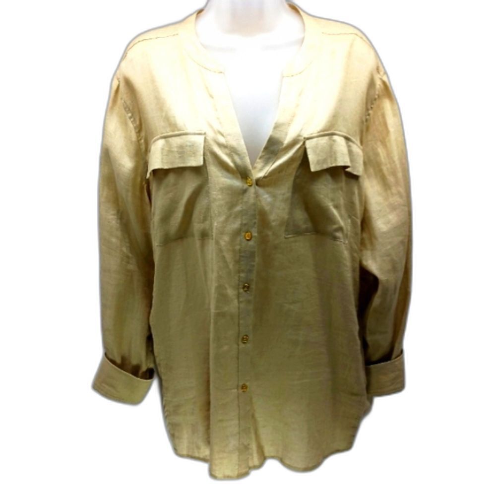 Calvin Klein Linen Vneck Roll Tab Button Down Blouse 2 Front Pockets Women's  1X